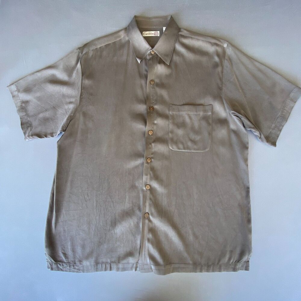Caribbean Men's Large Silk Cotton Button-Down Shirt Brown Taupe